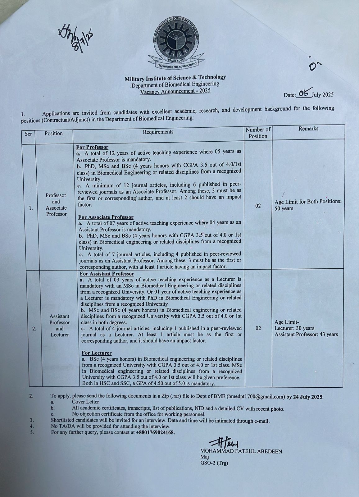 Circular for Assistant Professor and Lecturer